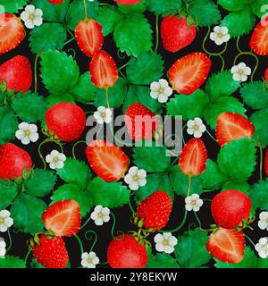Un colorato motivo senza cuciture caratterizzato da fragole mature, foglie verdi e fiori bianchi su uno sfondo nero. Arte digitale ad acquerello, per la stampa su tessuti e carta. Foto Stock