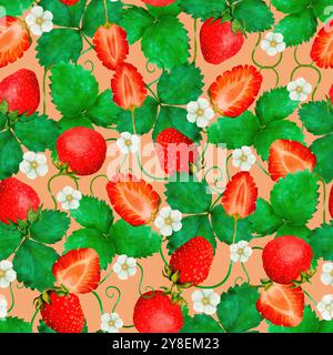Un bellissimo motivo senza cuciture di fragole mature, foglie verdi e fiori bianchi in armonia che cattura l'occhio. Arte digitale ad acquerello, per la stampa su tessuti e carta. Foto Stock