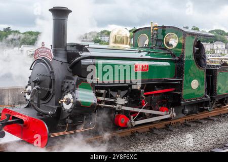 Hunslet 2-4-0 Linda, originariamente costruita per la Penrhyn Quarry Railway nel 1893, a vapore presso Porthmadog Station sulla Festiniog Railway, Gwynedd, Galles Foto Stock