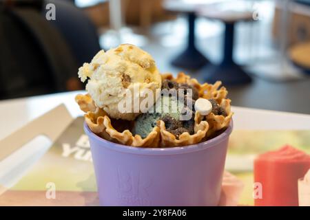 Seoul, Corea del Sud - 17 marzo 2024: Una tazza di cioccolato alla menta Baskin-Robbins e gelato alla cheesecake con waffle. E' una catena multinazionale americana Foto Stock