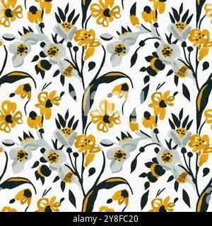 Moderno motivo blockprint in tessuto stampato con fiori selvatici e texture in lino. Motivi floreali boho scuri disegnati a mano stilizzati per elementi di design decorativi Foto Stock