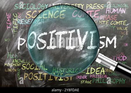 Il positivismo è in fase di studio ed esame - sotto stretta ispezione. Argomenti e idee più importanti strettamente correlati al positivismo scritto su una lavagna i Foto Stock