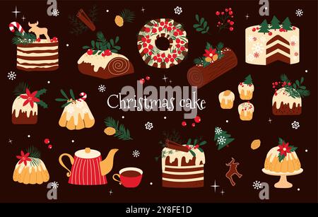 Set colorato e delizioso di dolci e dolci tradizionali di Natale. Illustrazione Vettoriale