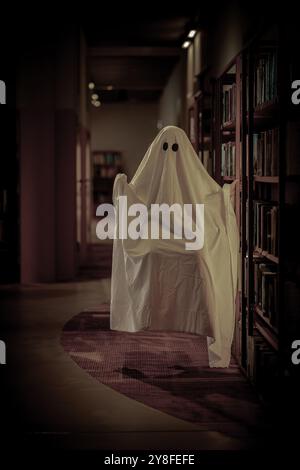 Un bambino imita un fantasma bianco in una sala biblioteca. Bambino vestito da fantasma bianco Foto Stock