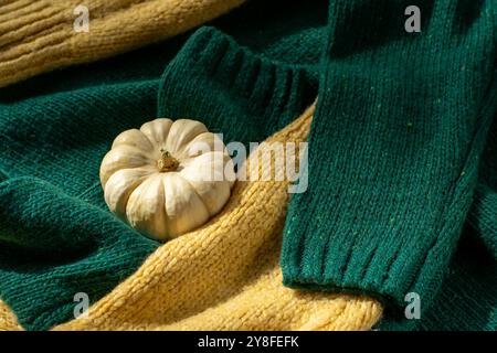 Zucca bianca vicino a una pila di maglioni lavorati a maglia su una coperta a maglia. Foto Stock