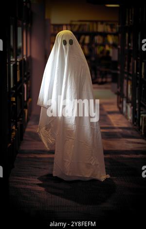 Un bambino imita un fantasma bianco in una sala biblioteca. Bambino vestito da fantasma bianco Foto Stock