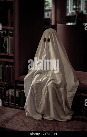 Un bambino imita un fantasma bianco in una sala biblioteca. Bambino vestito da fantasma bianco Foto Stock