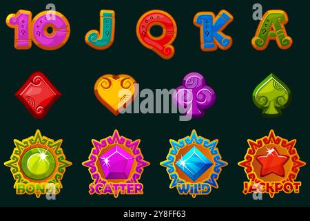 Set di 12 simboli slot tema Maya o Azteco. Elementi dell'interfaccia utente colorati per il gioco d'azzardo. Icone di stile per giochi 2D e casinò o slot. Elementi grafici per Illustrazione Vettoriale