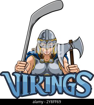 Viking Warrior Woman Ice Hockey Sports Team Mascot Illustrazione Vettoriale