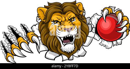 Lion Cricket Ball Animal Sports Team Mascot Illustrazione Vettoriale