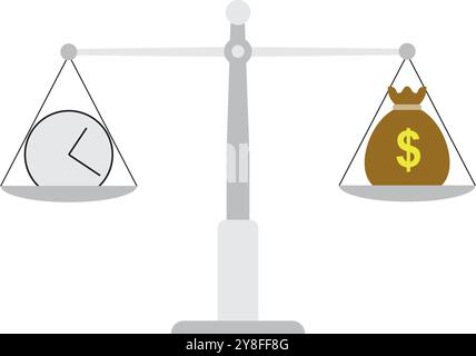 Il tempo è denaro su scale icona. Tempo e denaro saldo sulla scala. Illustrazione Vettoriale. Illustrazione Vettoriale