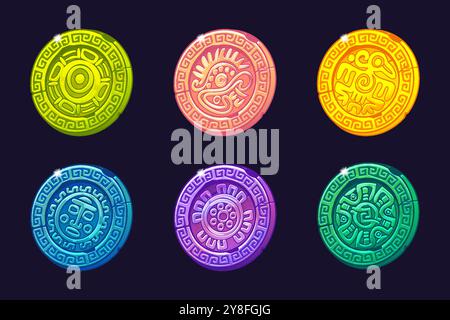 Set di monete colorate con ornamenti e simboli dell'antica civiltà azteca, geroglifici colorati del calendario Maya per lo sviluppo di giochi 2D. Illustrazione Vettoriale