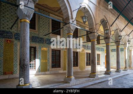 Turkiye. Istanbul. Palazzo Topkapi. Piastrelle di terracotta Isnik e calligrafia adornano le pareti del distretto di Harem Foto Stock