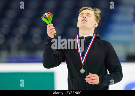 Heerenveen, Paesi Bassi. 5 ottobre 2024. HEERENVEEN, PAESI BASSI - 5 OTTOBRE: Reinis Berzins gareggia nella finale dei 1500 m durante il KNSB Dutch Open a Thialf il 5 ottobre 2024 a Heerenveen, Paesi Bassi. (Foto di Andre Weening/Orange Pictures) credito: Orange Pics BV/Alamy Live News Foto Stock