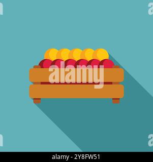 Cassa di legno piena di mele rosse mature appena raccolte e di arance gialle brillanti in piedi a terra Illustrazione Vettoriale