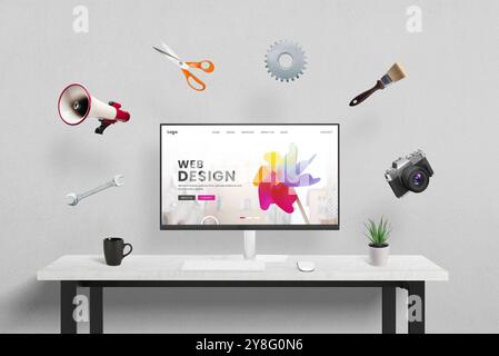 Pagina del concept di Web design visualizzata sul computer in studio, circondata da strumenti creativi, di marketing e da ufficio. Concetto di pr creativo Foto Stock