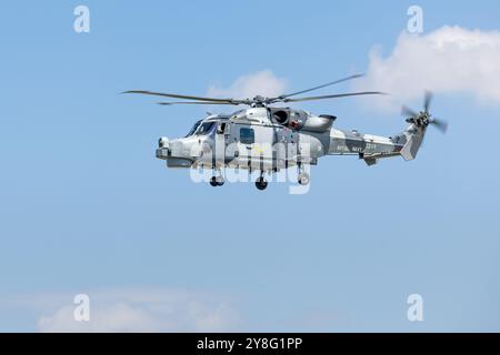 Royal Navy Fleet Air Arm - AgustaWestland AW159 Wildcat, che si esibisce al Royal International Air Tattoo 2024. Foto Stock