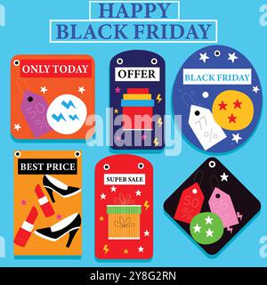 Promozione Black Friday. Personaggi piatti con borse della spesa. Grande sconto, concetto di promozione, poster pubblicitario, banner. Illustrazione vettoriale. Illustrazione Vettoriale