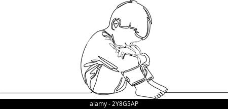 disegno continuo a linea singola di un bambino triste seduto sul pavimento, illustrazione vettoriale di line art Illustrazione Vettoriale