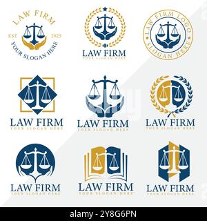 Set di logo per studi legali. Avvocato, avvocato, giurista, giudice, avvocato, avvocato, giurista, avvocato, azienda, studio legale, studio legale, avvocato, studio legale. Illustrazione Vettoriale