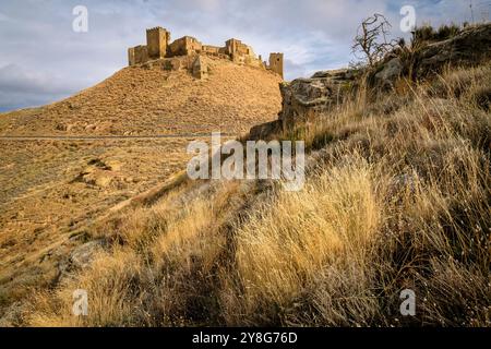 Castello di Montearagón, del XI secolo, comune di Quicena, Huesca, dichiarata monumento nazionale nel 1931, la cordigliera pirenaica, provincia de Huesca, Aragona , Spagna, Europa. Foto Stock