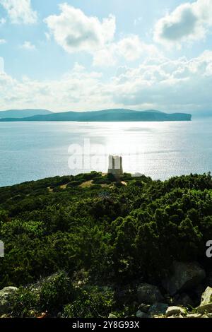 Vista panoramica di Capo caccia con la torre di avvistamento medievale bollo, Alghero, Sardegna, Italia, scogliere con deposito di sale Foto Stock