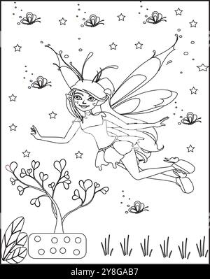 Illustrazione a design piatto della pagina da colorare per bambini con silhouette Flying Fairy Illustrazione Vettoriale