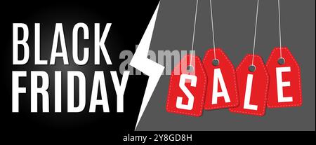 Promozione Black Friday, banner Web di marketing, design del poster Black Friday con cartellini rossi, insegna elettrica, Friday background Holiday pro Illustrazione Vettoriale