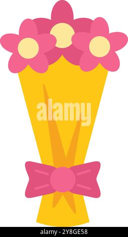 Un delizioso bouquet di fiori rosa è avvolto in carta gialla e legato con un fiocco rosa Illustrazione Vettoriale