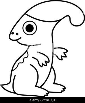 Icona Vector baby parasaurolophus in bianco e nero. Simpatico e piccolo dinosauro per bambini. Dino Kid Clipart per bambini isolati sulla schiena bianca Illustrazione Vettoriale