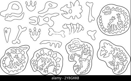 Ossa vettoriali di dinosauro bianco e nero, scheletri, crani. Collezione di icone fossili animali preistorici. Sepoltura e tombe Dino illustrano le linee. Arco Illustrazione Vettoriale