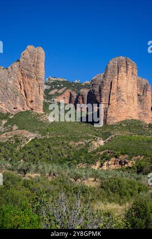 Mallos de Riglos, monumento naturale, Huesca, comunità Aragona, Spagna. Foto Stock