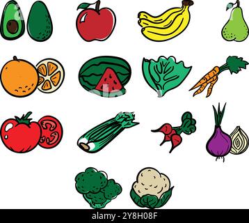 Set di prodotti di frutta e verdura disegnati a mano. Un set di frutta e verdura disegnate a mano e colorate. Tra cui avocado, mela, banana, pera. Illustrazione Vettoriale