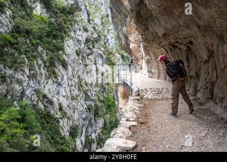 Una donna turistica che fa un'escursione nella pittoresca gola di Cares nei monti Picos de Europa, nelle Asturie nel nord della Spagna Foto Stock