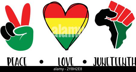Peace Love Juneteenth Africa Pride Illustration. Un progetto di pace amore Juneteenth con il testo pace, amore e juneteenth così come un segno di pace, ascolta Illustrazione Vettoriale