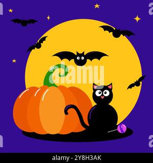 Composizione decorativa di Halloween con simpatico gatto nero seduto accanto alla zucca contro il cielo notturno, pipistrelli volanti sullo sfondo. Illustrazione vettoriale delle festività. Illustrazione Vettoriale