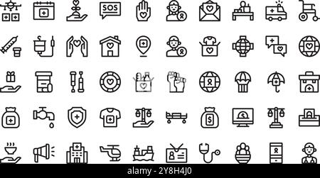 Icone aiuto umanitario Collezione icone vettoriali di alta qualità con tratto modificabile. Ideale per progetti professionali e creativi. Illustrazione Vettoriale