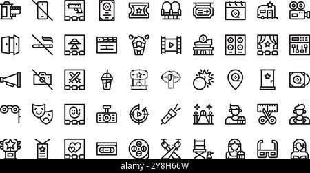 Icone cinematografiche Collezione icone vettoriali di alta qualità con tratto modificabile. Ideale per progetti professionali e creativi. Illustrazione Vettoriale