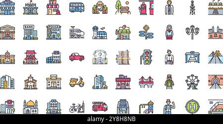 Icone della città Collezione icone vettoriali di alta qualità con tratto modificabile. Ideale per progetti professionali e creativi. Illustrazione Vettoriale