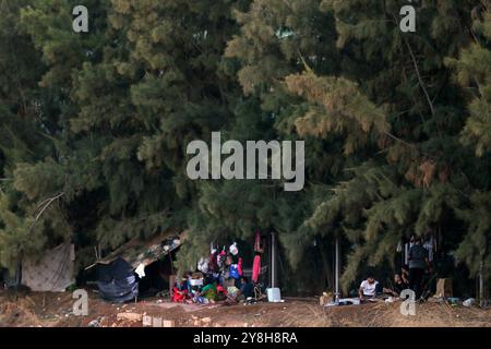 Beirut, Libano. 5 ottobre 2024. Le famiglie libanesi, fuggite dal sobborgo meridionale di Beirut, si siedono vicino alle loro tende improvvisate che hanno eretto tra gli alberi. Crediti: Marwan Naamani/dpa/Alamy Live News Foto Stock