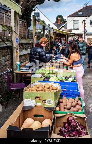 King's Road Yard Street Market, Pontcanna, Cardiff. Mercato agricolo, pop-up, arte, artigianato, cibo. Vendita al dettaglio, cibo artigianale, artigianato. comunità. Foto Stock