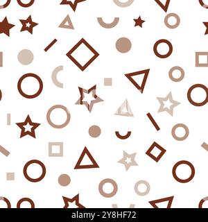 Questa immagine presenta un pattern senza cuciture di forme geometriche, tra cui cerchi, stelle e triangoli su sfondo bianco. Illustrazione vettoriale Illustrazione Vettoriale