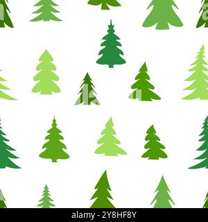 Un motivo senza cuciture con diversi alberi di Natale verdi. Il design è semplice e vivace su sfondo bianco. Illustrazione vettoriale Illustrazione Vettoriale