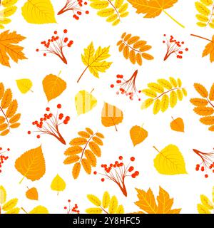 Un motivo senza cuciture con varie foglie e frutti di bosco autunnali, disegnato in un vivace stile grafico su sfondo bianco. Illustrazione vettoriale Illustrazione Vettoriale