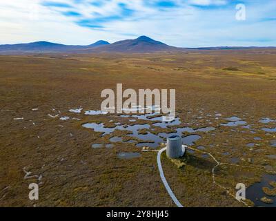 Vista aerea dal drone del paesaggio della torbiera presso RSPB Forsinard nel Flow Country, sito patrimonio dell'umanità per le torbiere nelle Highlands scozzesi, Scozia, Foto Stock