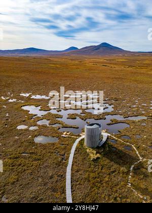 Vista aerea dal drone del paesaggio della torbiera presso RSPB Forsinard nel Flow Country, sito patrimonio dell'umanità per le torbiere nelle Highlands scozzesi, Scozia, Foto Stock