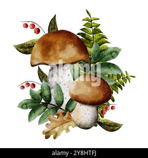 Composizione acquerello di funghi forestali con foglie secche, bacche rosse di rowan, piante forestali. Illustrazione disegnata a mano isolata su sfondo bianco Foto Stock