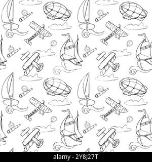 Trasporto aereo e navi, modello vettoriale senza cuciture dirigibile, monocromato isolato. Grafica in bianco e nero disegnata a mano con un design che ripete l'avventura Illustrazione Vettoriale