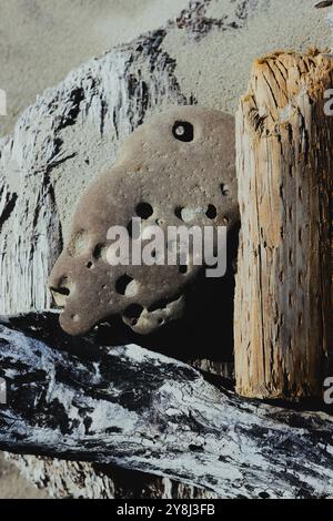 Legno di deriva e un fango con fori fatti da piddock, su una spiaggia. Foto Stock