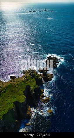 Vista aerea di una costa rocciosa con vegetazione lussureggiante, circondata da profonde acque blu dell'oceano. La luce del sole si riflette sull'acqua, creando un shi Foto Stock